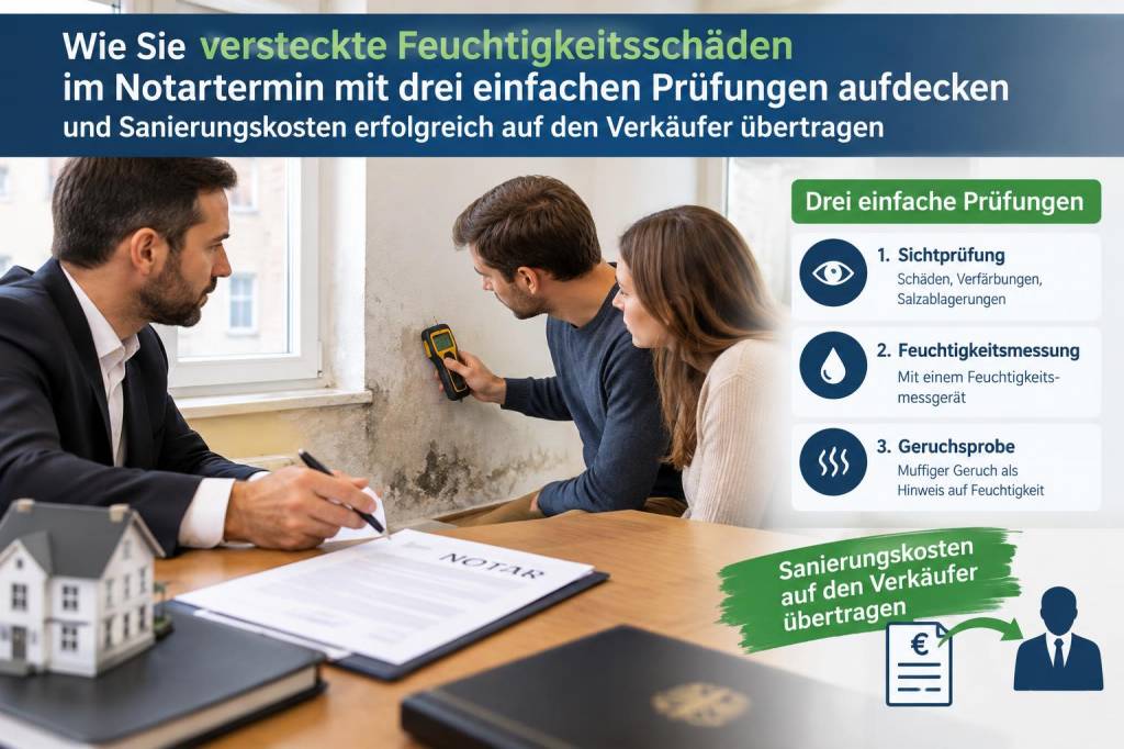 Wie Sie versteckte Feuchtigkeitsschäden im Notartermin mit drei einfachen Prüfungen aufdecken und Sanierungskosten erfolgreich auf den Verkäufer übertragen