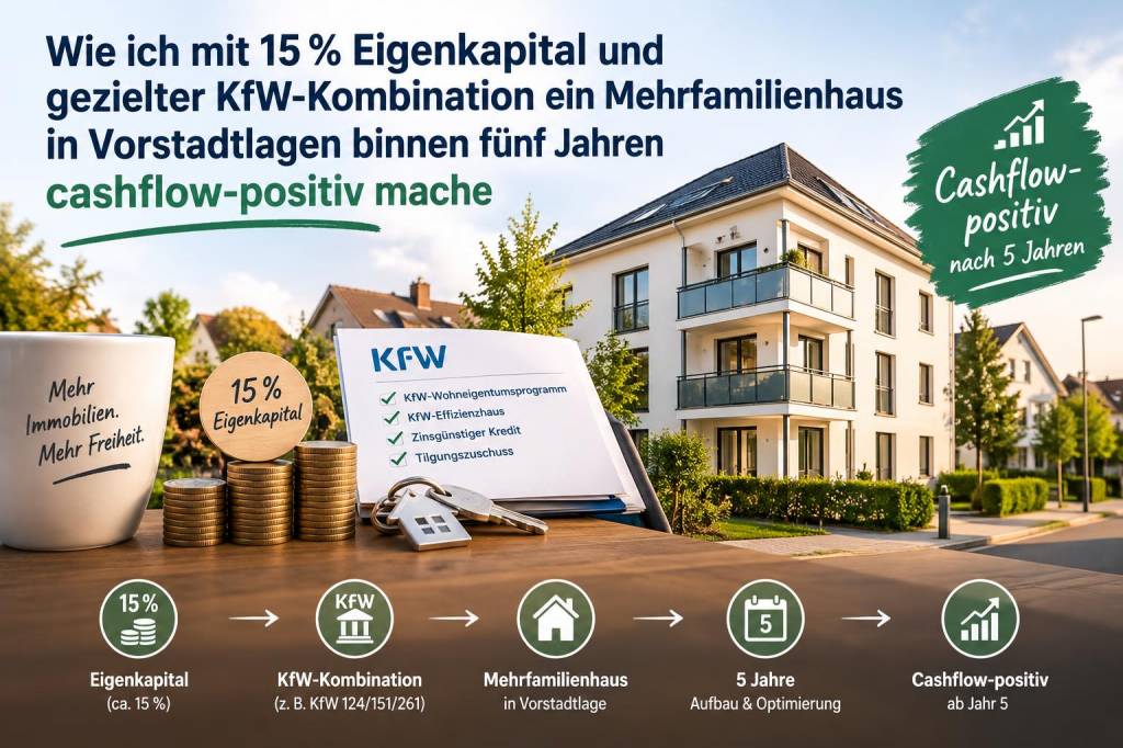 Wie ich mit 15 % Eigenkapital und gezielter KfW‑Kombination ein Mehrfamilienhaus in Vorstadtlagen binnen fünf Jahren cashflow‑positiv mache