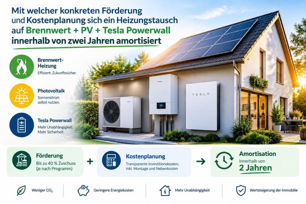 Mit welcher konkreten Förderung und Kostenplanung sich ein Heizungstausch auf Brennwert + PV + Tesla Powerwall innerhalb von zwei Jahren amortisiert